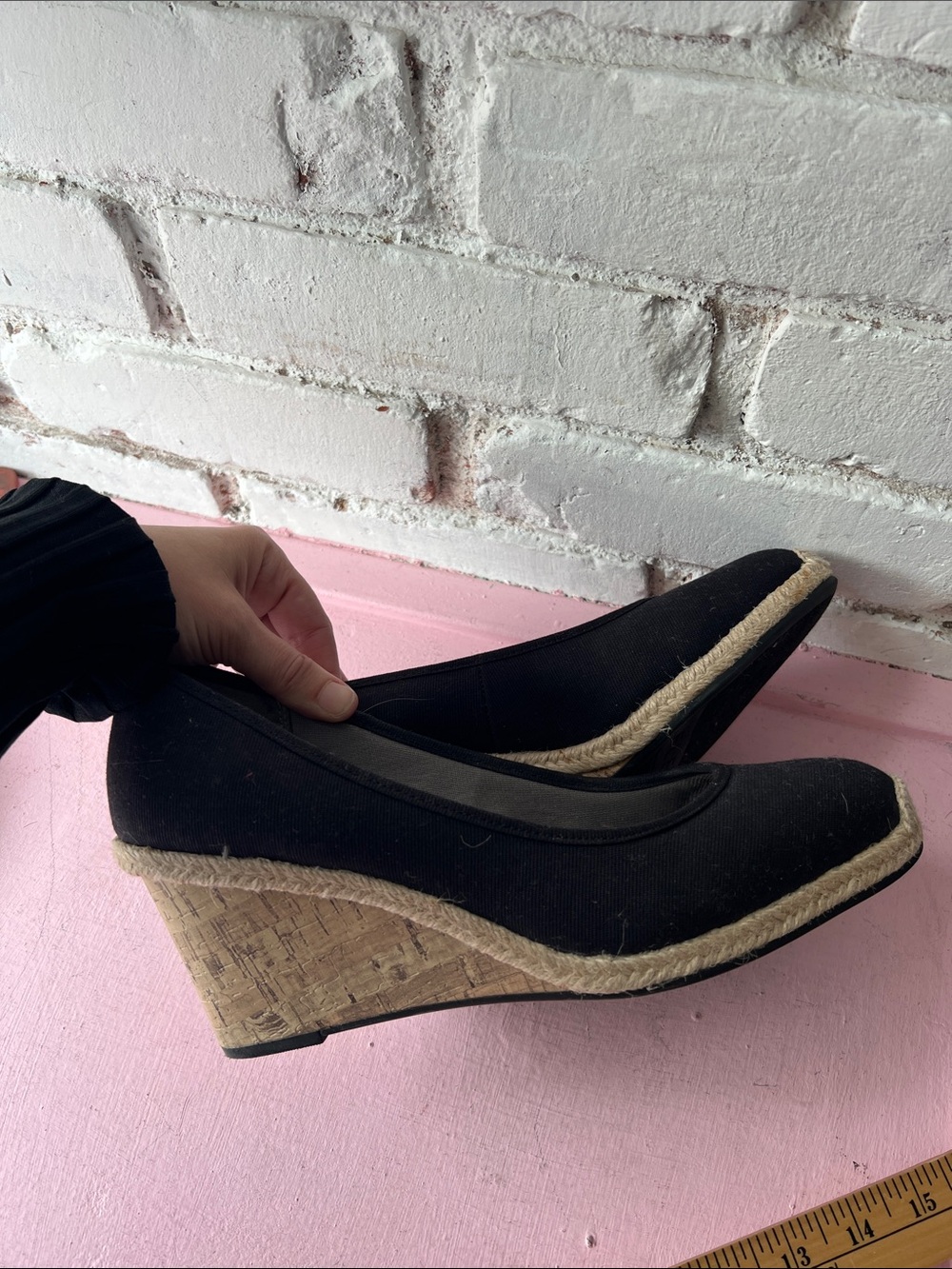 Life Stride Black Espadrille Cork Wedge Pumps